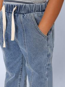 SUMWON 男童宽松牛仔裤，波浪纹拼接，松紧腰带抽绳设计，四季皆宜，日常穿着时尚百搭，适合秋冬季节度假穿着 - 藍色 - 查看 7