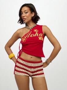 SUMWON WOMEN شورت كروشيه مخطط للشاطئ, شورتات كروشيه مرتفعة الخصر, ملابس شاطئية لأعياد أعراس جزر الصيف والعطلات في هاواي, رداء للسباحة مصنوع من الكروشيه