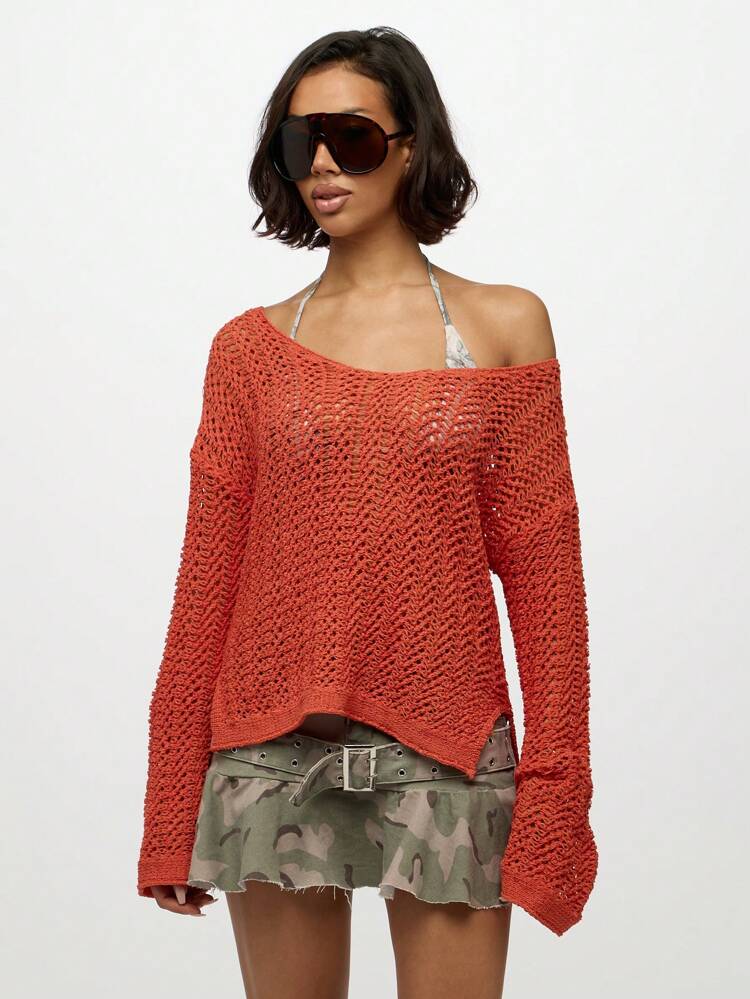 SUMWON WOMEN Crochet Knit Off Shoulder Beach Cover Up