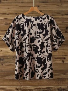 Lacomfia Chemise ample décontractée de grande taille avec imprimé floral aléatoire, manches chauve-souris, confortable et avec garniture en dentelle ajourée