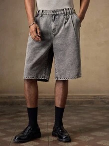 AKNOTIC Men's Grey Casual Loose Denim Shorts,Summer Streetwear City Break Metal Decor Elastic Waist Solid Color Shorts For Daily Wear,Holiday,Beachwear - Grey - View 2