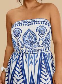 SHEIN VCAY Plus Size Women's Casual Tropical Geometric Hand Painted Print Halter Jumpsuit/Romper, Suitable For Summer & Autumn