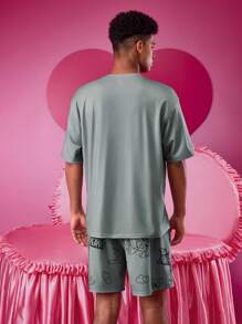 TOM & JERRY X SHEIN Men's Casual Loose Knit Tom Print Gray T-Shirt And Shorts 2Pcs Loungewear Set, Couples Style