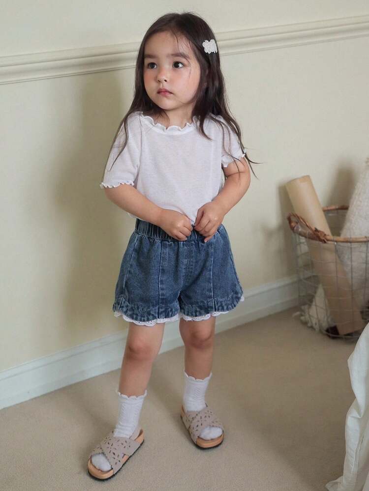 Toddler Girls Casual Lace Patchwork Short Denim Jeans