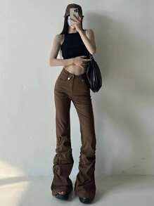 DAZY Pantalones casuales de mujer de unicolor con bolsillos y vuelo plisado - Marrón - Ver 4