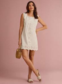 Enchnt Summer/Fall Romantic Women's White Linen Exquisite Floral Hollow Embroidered Lace Sleeveless Loose Mini Dress - White - View 5