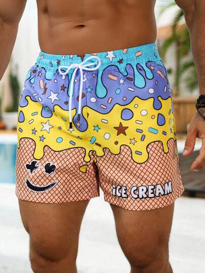 Manfinity KASUA Men's Contrast Color Cartoon Pattern Drawstring Casual Shorts