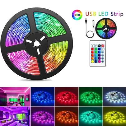 1 pièce Bandes lumineuses LED RVB de 1 m, 2 m, 3 m, 4 m, 5 m, 10 m, 15 m ou 20 m avec télécommande - Éclairage à changement de couleur pour chambre à coucher, fête et décoration de vacances, alimenté par USB, affichage multicolore, parfait pour home cinéma ou ambiance festive, décoration de Noël