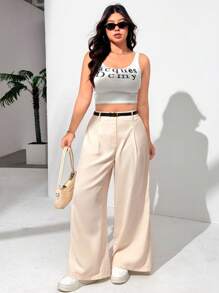 SHEIN EZwear 夏季大码米色系带阔腿休闲裤 - 杏色 - 查看 9