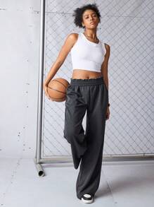 SHEIN Sports 女士松紧腰侧口袋宽松休闲运动阔腿裤 - 黑色 - 查看 5