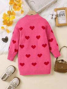 女童休闲爱心印花圆领长袖连衣裙，秋冬女童粉色爱心毛衣连衣裙，女童粉色毛衣连衣裙，女童毛衣连衣裙，秋季粉色长袖毛衣连衣裙 - 粉色 - 查看 2