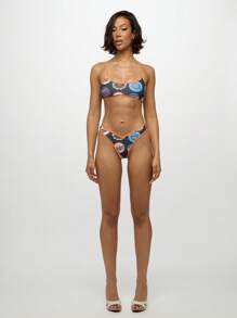 SUMWON WOMEN 徽标印花圆领高开叉比基尼套装，带橙色饰边，现代复古汽水设计，沙滩泳衣 - 彩色 - 查看 3