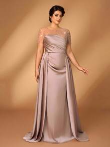 SHEIN Belle Plus Size Elegant And Gorgeous Champagne Color Hot Diamond Craft Stitching Computer Beading Round Neck Short Sleeve Pleated Slim Fishtail Hem Stitching Dress Suitable For Dinner Dance Bachelorette Party Date Holiday Wedding Event Evening Dress Bride Mother Dress Wedding Guest Dress Women