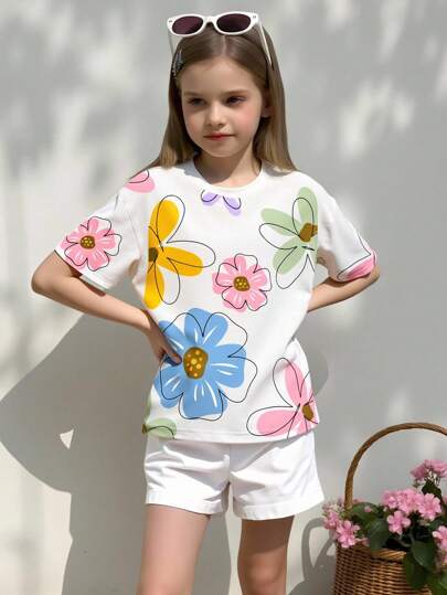 SHEIN Sparklyn Tween Girl Floral Line Print Round Neck Short Sleeve T-Shirt Girl Clothes Summer 10 11
