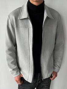 Manfinity Homme Men's Solid Color Zip-Up Casual Loose Light Grey Jacket,Autumn Fall Work Jackets For Men,Silver Grey Zip Up Casual Jacket - Light Grey - View 2