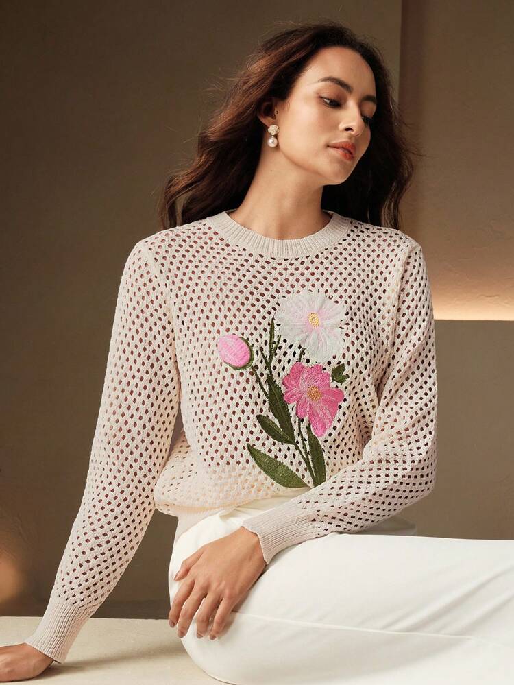 Suéter elegante y digno de estilo francés con bordado floral ornamentado y calado en el cuello, jersey de punto de otoño/invierno