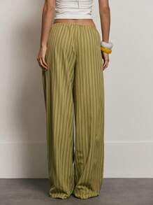 MUSERA 条纹抽绳阔腿裤 可爱夏季度假休闲优雅沙滩亚麻风长裤 女士办公着装 春季女装 - 綠色 - 查看 4