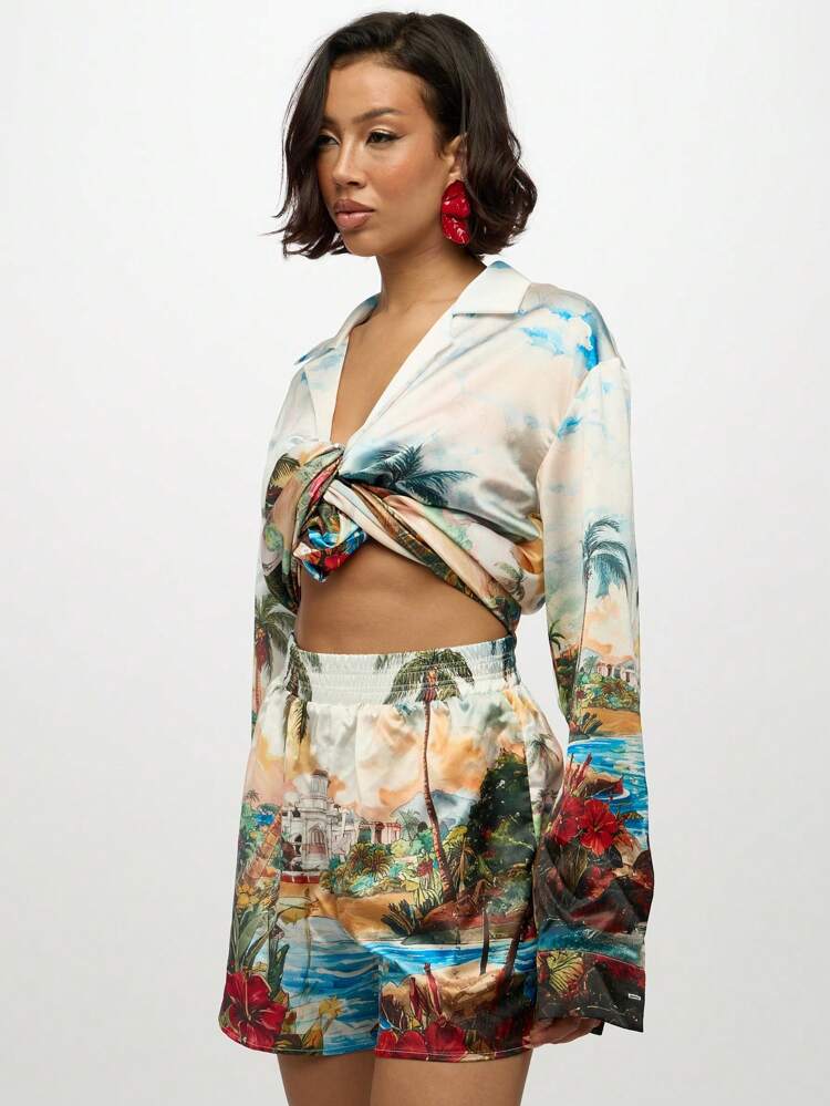 SUMWON WOMEN 신축성 있는 밴드가 달린 트로피컬 리조트 프린트 하이웨이스트 반바지