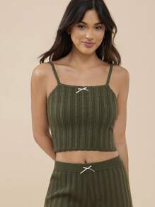 WESTFADE Atasan Rajut Model Cami Pendek dengan Tali Bahu Tipis dan Pita di Bagian Depan, Cocok untuk Musim Panas, Gaya Boho, Gaya Koboi, dan Pantai. - Hijau Tentara - View 5