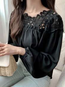 FRIFUL Women's Black Contrast Lace Gathered Cuff Loose Casual Versatile Blouse, Autumn Long Sleeve Top