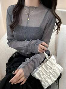 FRIFUL Women's Casual Slim Fit Sheer Mesh Layered High Neck Long Sleeve Blouse With Ruched Cuffs, Versatile For Autumn - Grey - View 5