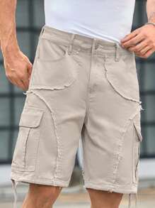 Manfinity VCAY Quần short denim cạp vừa, họa tiết chắp vá bất đối xứng, viền tua rua, thường ngày cho nam, quần short nam, quần short nam, quần short kaki, quần short nam, quần short túi hộp cho nam - Màu be - Xem 6