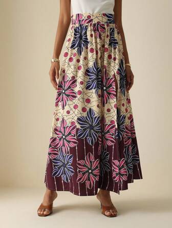 Vesra Women Floral Print Pleated A-Line Skirt, Casual And Commute Friendly