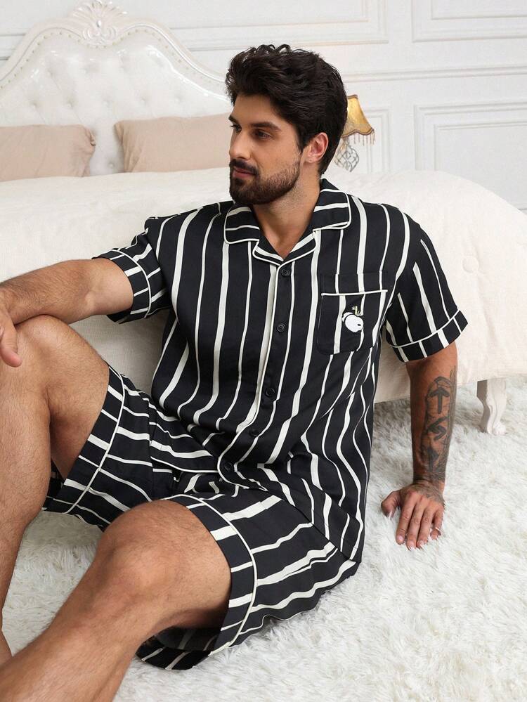 Striped Panda Embroidery Shirt With Men's Home Casual Set, Summer Pajama