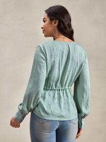 Wildy 秋季休闲通勤绿色鼠尾草绿色长袖收腰衬衫女士乡村音乐会乡村女教师衬衫秋季