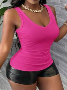 SHEIN CURVE+ Áo ba lỗ dệt kim không tay cổ chữ V khoét sâu đa năng cho nữ cỡ lớn, màu trắng - Màu Hồng Tươi - Xem 4