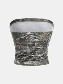 SHEIN Girlism Tween Girls Leaf Graphic Ruched Waist Casual Tube Top