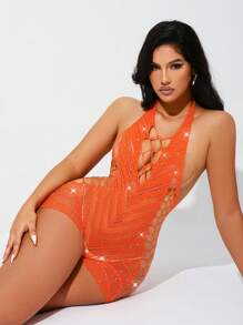 Bộ đồ liền thân hở cổ màu cam gợi cảm dành cho nữ, khoét lỗ, đính đá giả, đồ lót lưới, gợi cảm khi đi chơi - trái cam - Xem 2