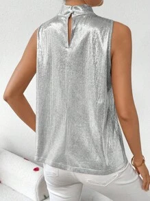 SHEIN LUNE 时尚金属色立领褶饰背心 - 銀色 - 查看 2