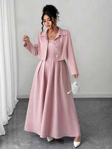 Elenzga Conjunto de dos piezas elegante y femenino de talla grande, chaqueta de manga larga + vestido largo, versátil para graduación, vacaciones, San Valentín, festival de música, Día de la Madre, Halloween, Acción de Gracias, Pascua, Día Nacional, baile de graduación, cita, fiesta, temporada de bodas, actividades al aire libre