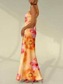 Aloruh 橙色热带花卉优雅迷人风格春夏假期细肩带紧身性感印花女式连衣裙，适合暑假、海滩、派对