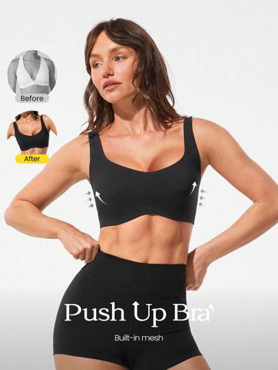 GLOWMODE FeatherFit™-Sculpt Push-Up Power Play Compressive Built-In Mesh Straps Removable Cups V-Back Demi Sports Bra Medium Impact Running Jogging Workout Gym Training Active Fall Winter