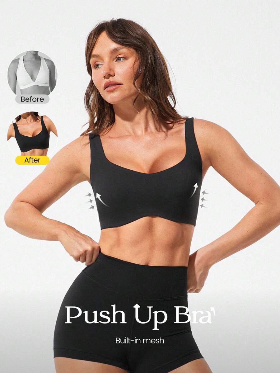 GLOWMODE FeatherFit™-Sculpt Push-Up Power Play Compressive Built-In Mesh Straps Removable Cups V-Back Demi Sports Bra Medium Impact Running Jogging Workout Gym Training Active Fall Winter - Black - View 1