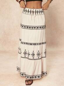 SHEIN PETITE Chân váy Maxi Boho dành cho nữ: Vải dệt, nhiều lớp và họa tiết nhiều màu - Phong cách sang trọng, bồng bềnh cho mùa hè - trắng - Xem 4