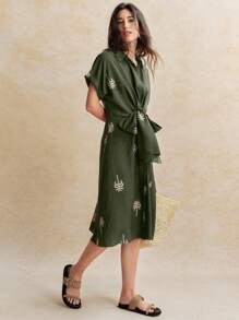 Écloséra 时尚复古百搭日常连衣裙，衬衫领，落肩袖，纽扣，蝴蝶结，刺绣，中长款连衣裙，适合女士，春夏季