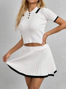 Women's Fashion Casual Cable Knit Contrast Trim Button Up Top & Skirt 2 Pieces Set