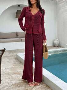 EURMUSE 女士夏季钩针海滩度假春季度假装波西米亚风纯棉白色派对太阳裙套装女式两件套沙滩装 - 酒紅色 - 查看 5