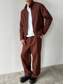 Manfinity Homme Áo khoác nam tay dài phong cách Hàn Quốc, kiểu dáng trưởng thành, chất liệu len trơn màu sáng, cổ cao nhỏ, khóa kéo bụng, thiết kế đường nối nhiều cấu trúc, phù hợp mặc hàng ngày, làm quà tặng cho bạn trai bạn bè - màu nâu - Xem 6