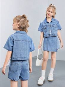 TWEEN GIRLS Y2K 牛仔套装 - 休闲短袖牛仔夹克 + 不对称牛仔阔腿裤，中蓝色，宽松，时尚百搭 - 中等水洗藍 - 查看 1