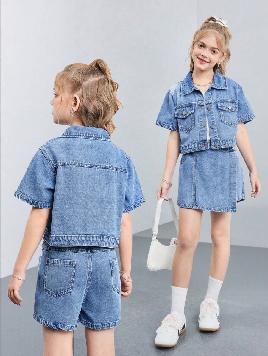 TWEEN GIRLS Y2K 牛仔套装 - 休闲短袖牛仔夹克 + 不对称牛仔阔腿裤，中蓝色，宽松，时尚百搭 - 中等水洗藍 - 查看 1