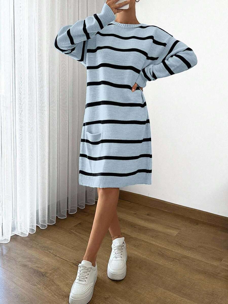 SHEIN Cottnline Women Striped Knit Design Knit Dress With Pocket And Button Details,Petite - Blue - View 1