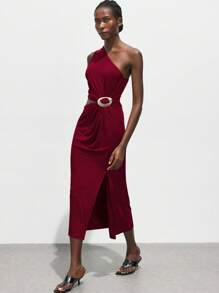 Maija 秋冬不对称领口金属扣装饰修身中长连衣裙，都市通勤商务休闲优雅连衣裙，适合圣诞节、万圣节、派对、婚礼宾客 - 酒紅色 - 查看 2