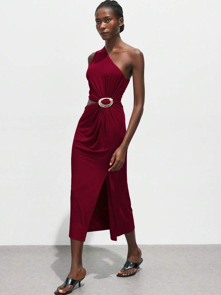 SHEIN Maija Abito aderente di media lunghezza con collo asimmetrico e decorazione fibbia metallica, adatto per l'abbigliamento casual elegante per l'ufficio, ideale per Natale, Ognissanti, feste, matrimoni