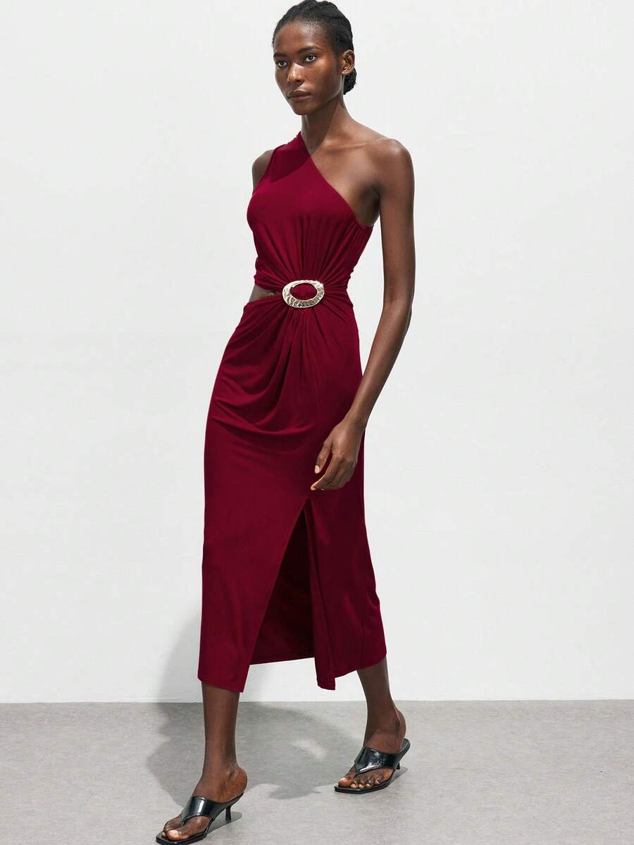 Maija 秋冬不对称领口金属扣装饰修身中长连衣裙，都市通勤商务休闲优雅连衣裙，适合圣诞节、万圣节、派对、婚礼宾客