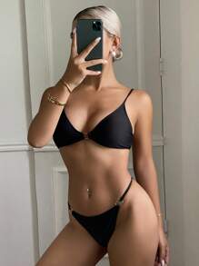 Livesso 女款夏季海灘純色性感比基尼泳衣套裝度假用 - 黑色 - 查看 3