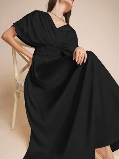 Amorya 女式 V 领垂褶 A 字形黑色缎面连衣裙，优雅适合日常、社交活动、聚会、春夏季